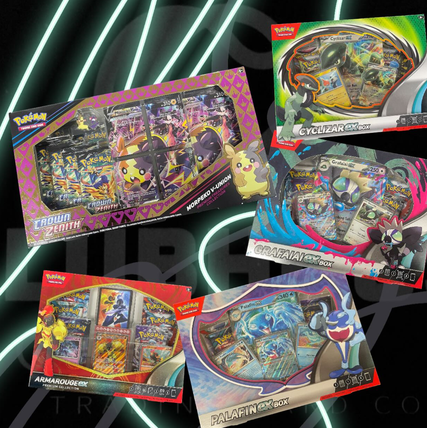 A spread of sealed Pokémon and sports trading card products
